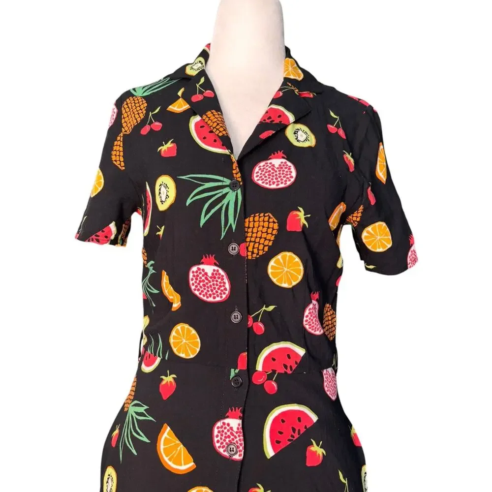 Sugarhill Brighton Fruit Print Button Front Midi Dress Black Novelty Whimsical